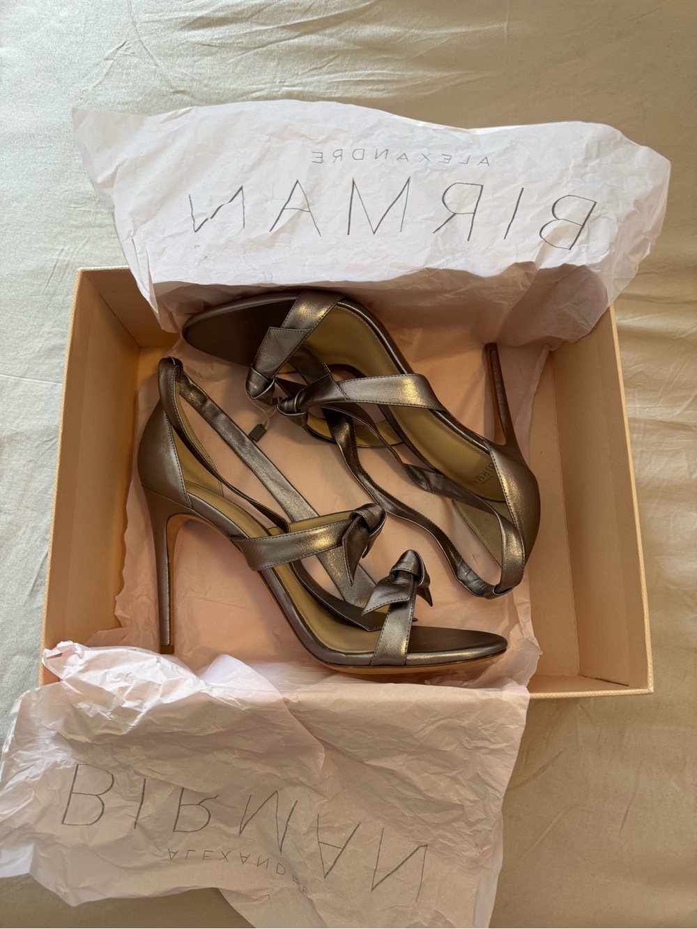 Alexandre Birman Bronze Metallic Knot-Strap Stiletto Sandals
